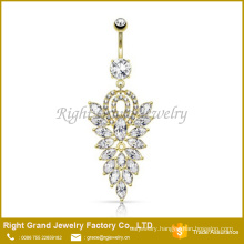 Fancy CZ Cluster Dangle Belly Button Ring / Surgical Steel Gold Plated Navel Ring